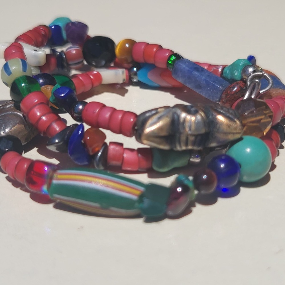Vintage Beaded Necklace Multi Color Glass Gemstone Shell Bird Fetish Boho Tribal